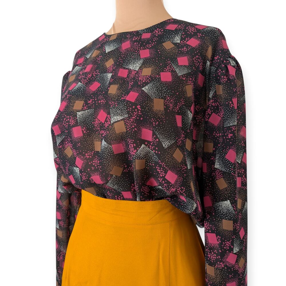 80s Pykettes Geometric Long Sleeve Polyester Chiffon Blouse
